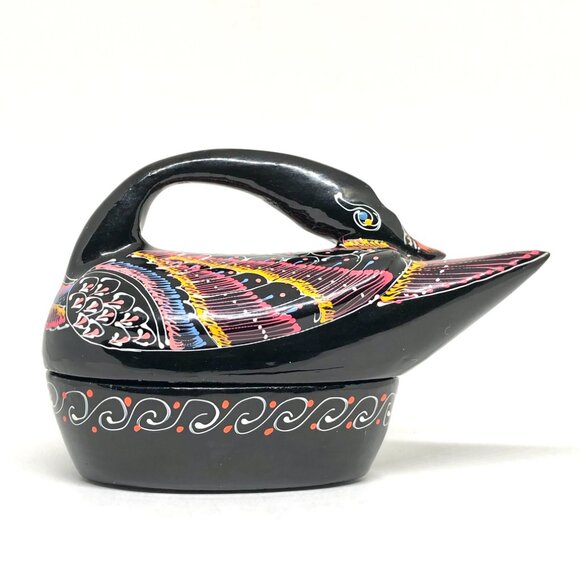 Black Lacquered Wood Trinket Box Black Swan Bird Duck hand painted Thailand - Picture 4 of 14